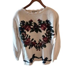 Golden Touch Floral Knit Pullover Sweater - Cream with Multicolor Heart Design